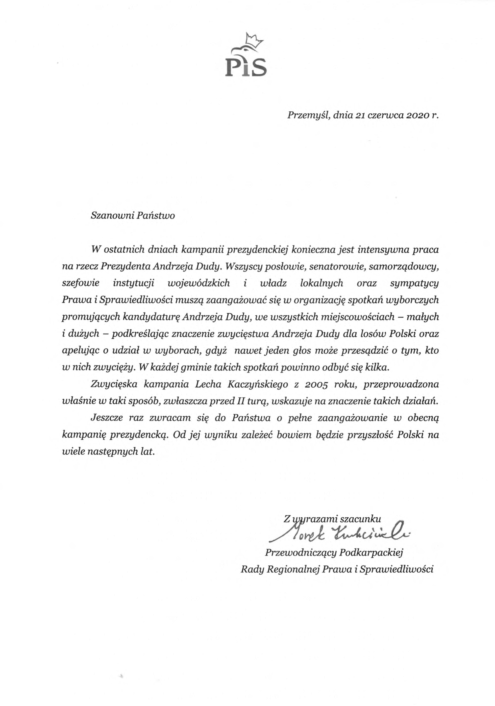 List Przewodniczący Podkarpackiej Rady Regionalnej Prawa i Sprawiedliwości 1